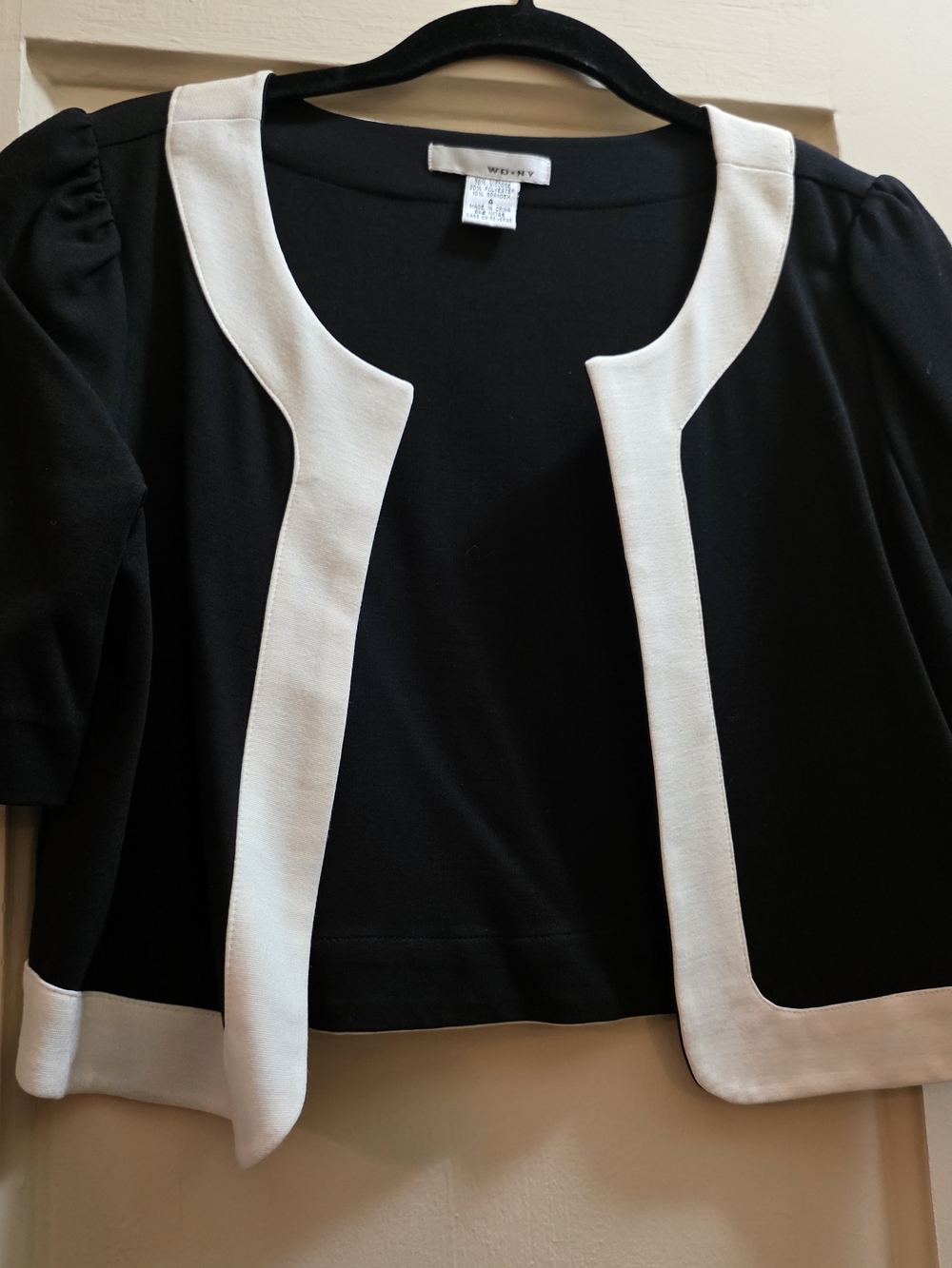 Black Cropped Open-Front Jacket with Cream Trim